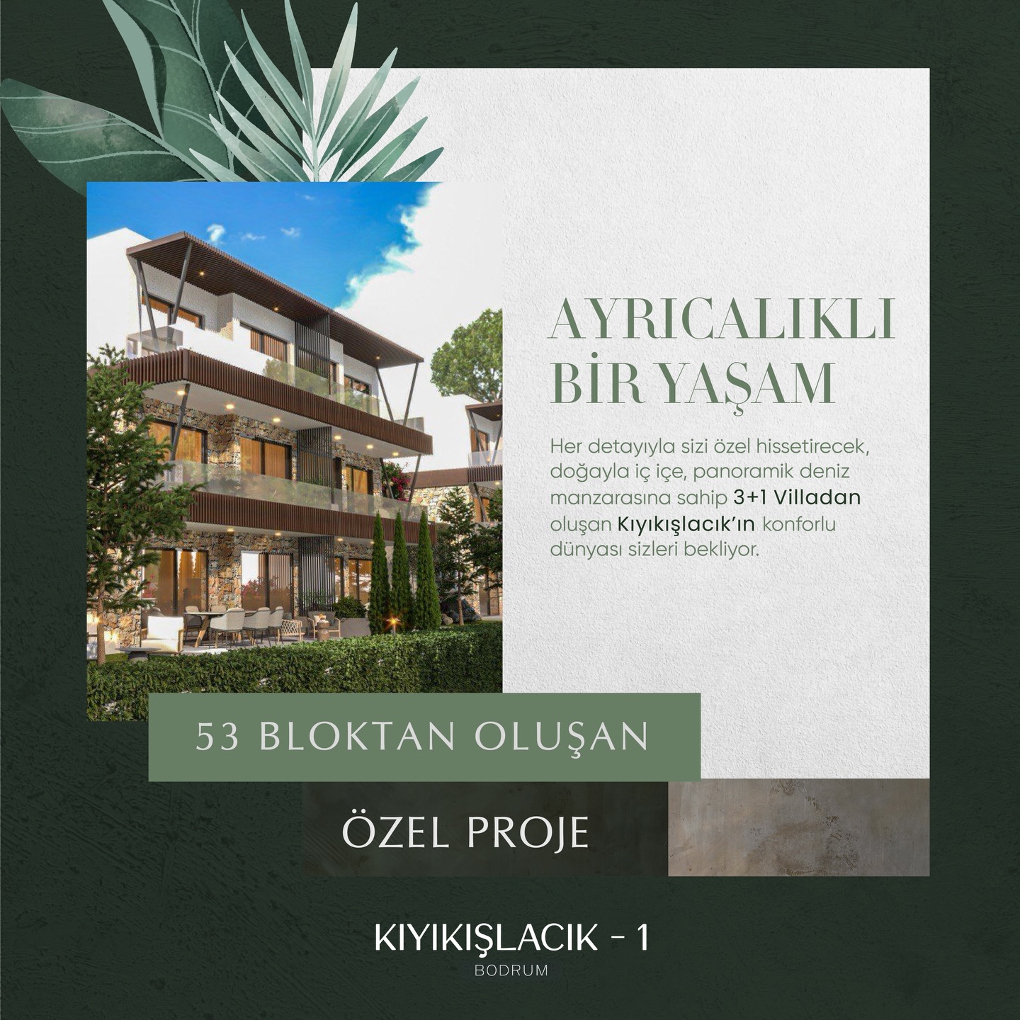 Doğanın içinde, panoramik deniz manzarasına hakim, modern mimarili 3+1 villalarla Kıyıkışlacık 1’de hayatın en özel halini yaşayın.

Her biri müstakil bahçeli, ebeveyn banyolu, geniş teraslı ve zeminden tavana uzanan camlarıyla gün ışığını içeri davet eden villalar, hem özel alan hem de ferahlığı bir arada sunuyor.

Ortak yüzme havuzu, havuz başı cafe & bar, çocuk oyun alanı, profesyonel site yönetimi ve özenli peyzajıyla bu proje, Kıyıkışlacık 1’de hem yazlık hem de dört mevsim konforlu bir yaşam vaat ediyor.

Ankara Merkez Ofisi 0312 382 06 06
Bodrum Ofisi 0252 818 06 06
www.dralpgayrimenkul.com

#dralpgayrimenkul #kiyikislacik1 #dogaylaiciceyasam #denizmanzaraliyasam #müstakilvilla ortakhavuzlu