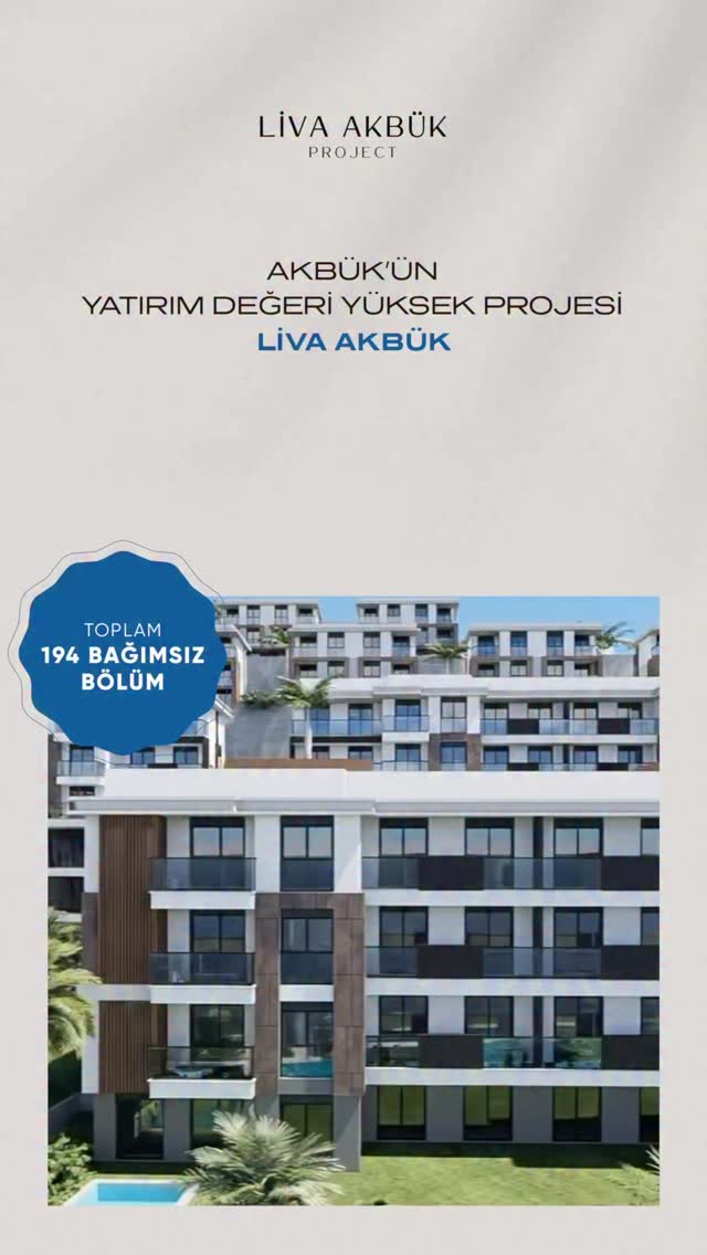 Deniz manzarasına sahip daireler ve villalardan oluşan bu prestijli proje; manzara kapatmayan yerleşim planı, ferah ve açık yaşam alanlarıyla öne çıkıyor. 

Kompakt, lüks ve yüksek kira getirili 1+1 ve 2+1 dairelerin yanı sıra, müstakil bahçeli villalarıyla mahremiyet ve konforu bir arada sunuyor. Bölgenin yüksek konumlu arazilerinden birinde yer alan proje, kesintisiz panoramik manzaraya sahip. 

Liva Akbük Açık yüzme havuzu, güneşlenme terasları, geniş peyzaj alanları, Kızılçam - Maki türleri ve zeytin ağaçları ile çevrili doğal yaşam, yürüyüş yolları ve Akbük sahiline uzanan keyifli rotalarıyla ayrıcalıklı bir yaşam sunarken; 7/24 güvenlik ve her konuta özel otopark alanlarıyla konforu tamamlıyor.

Ankara Merkez Ofisi 0312 382 06 06
Bodrum Ofisi 0252 818 06 06
www.dralpgayrimenkul.com